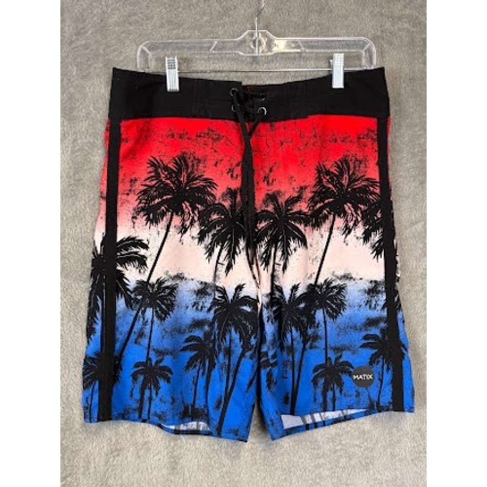 Matix Mens Board Shorts Red White Blue Palm Tree Tropical Swim Trunks Size 34